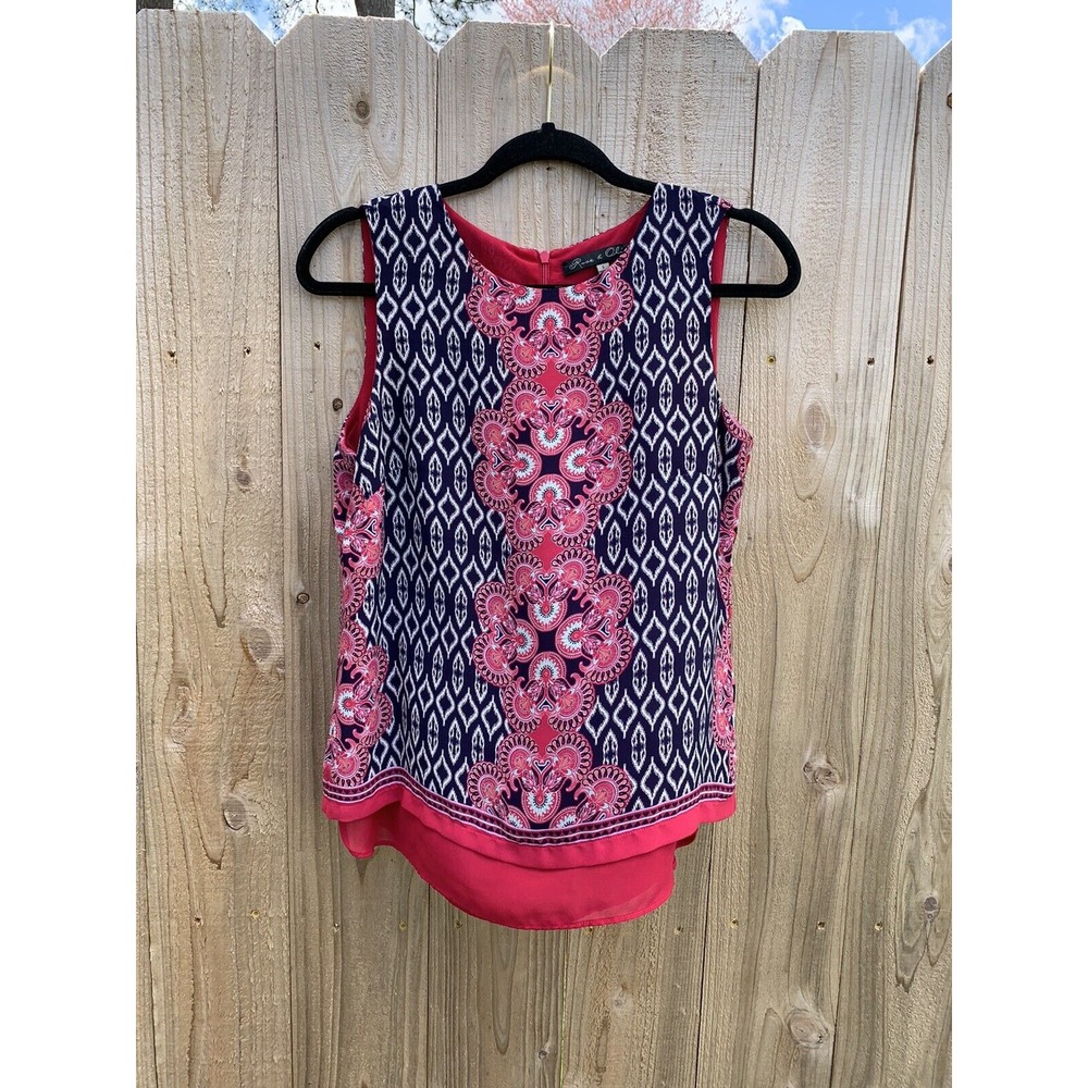 Rose & Olive Sleeveless Chiffon Top‎ Layered Pink/Blue Print Sz. S